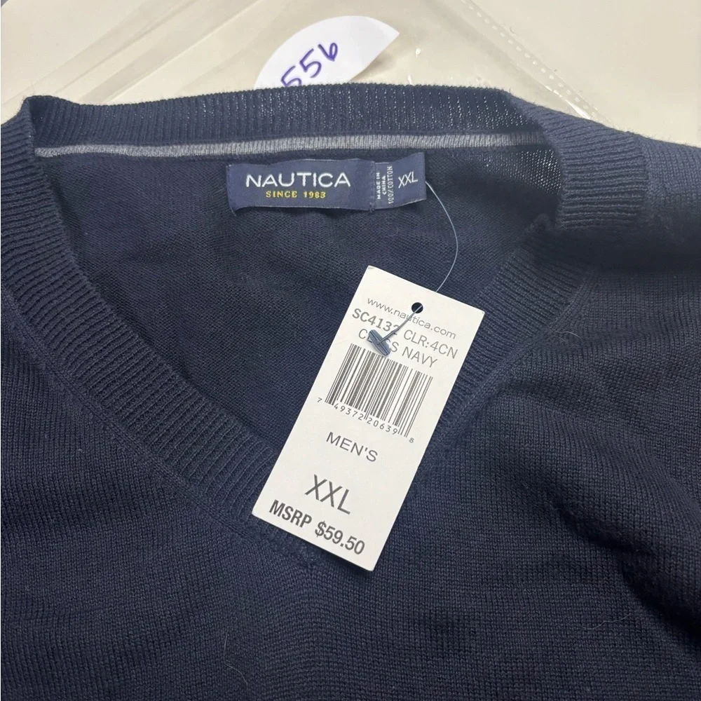Nautica Mens Size XXL Pullover V-Neck Sweater New 100% Cotton Navy Blue